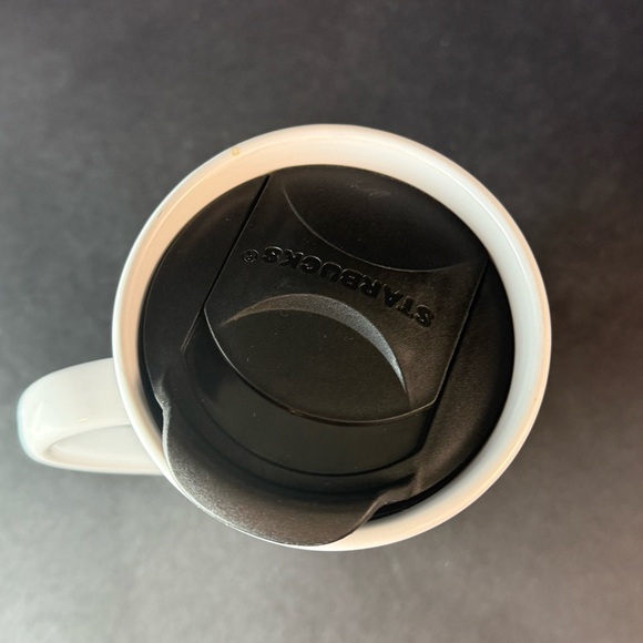 Starbucks 2013 Tall Coffee Mug with Lid White Ceramic Black Mermaid Logo 16 Oz - Picture 9 of 11
